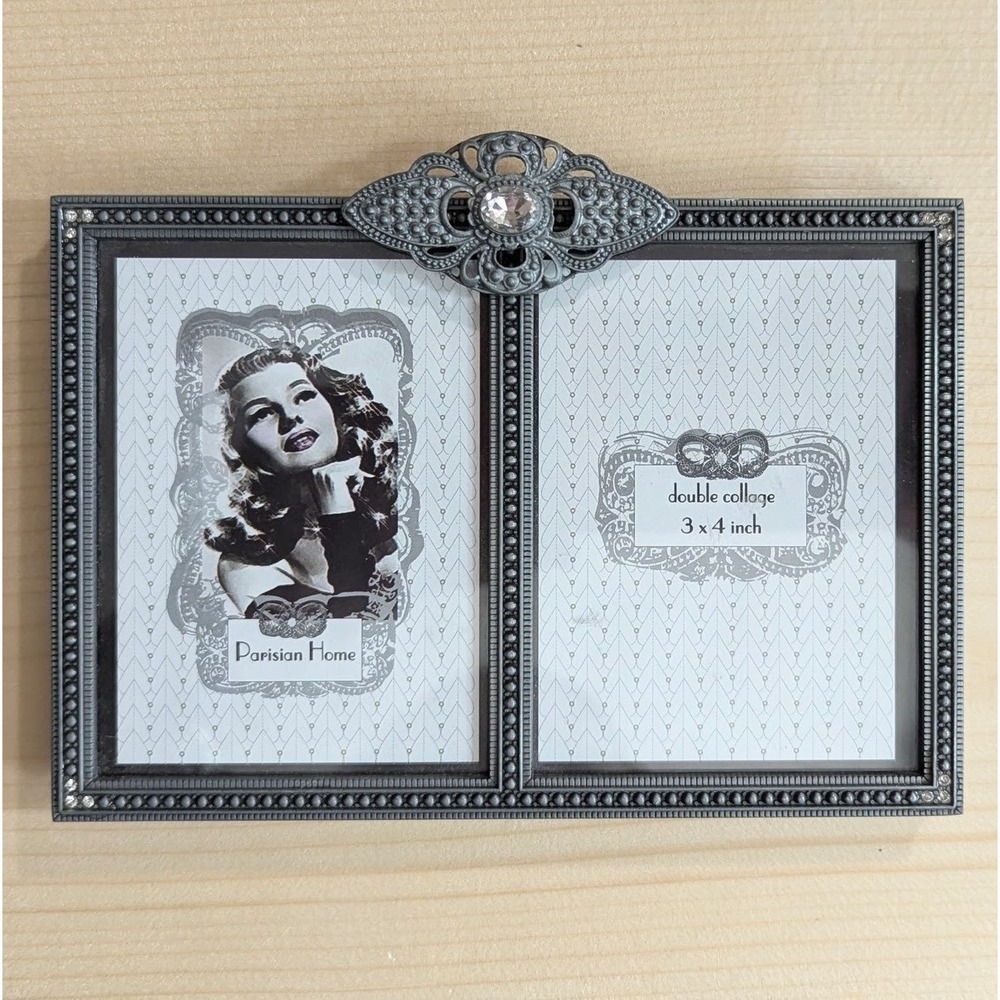 Ornate Dual 3x4" Photo Frame Pewter Rhinestone Victorian Goth Vintage Art Deco